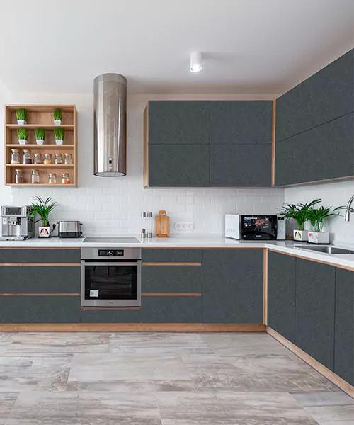 Solid-color kitchen cabinetry